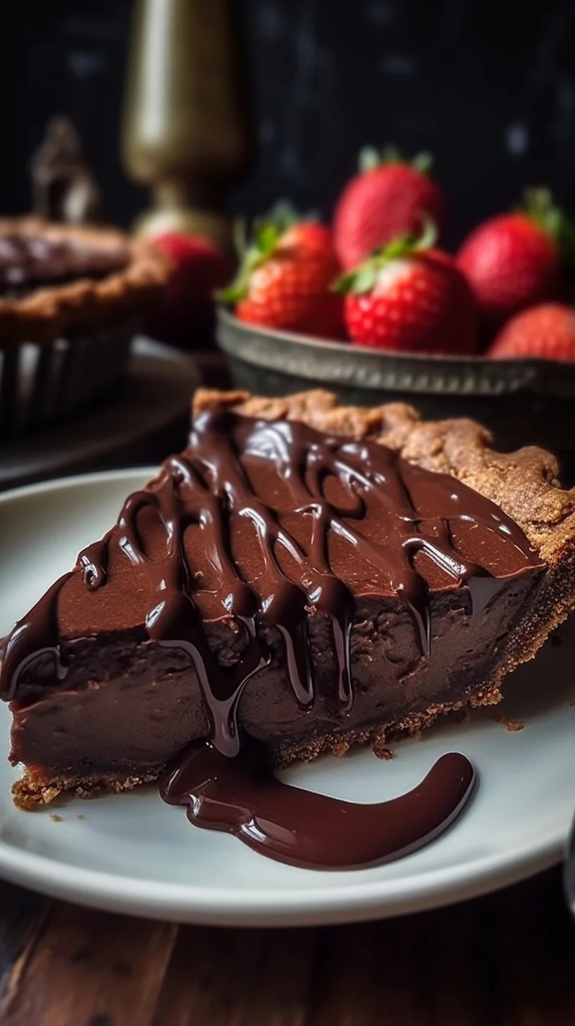 Delicious gooey brownie pie topped with chocolate drizzle and served on a plate