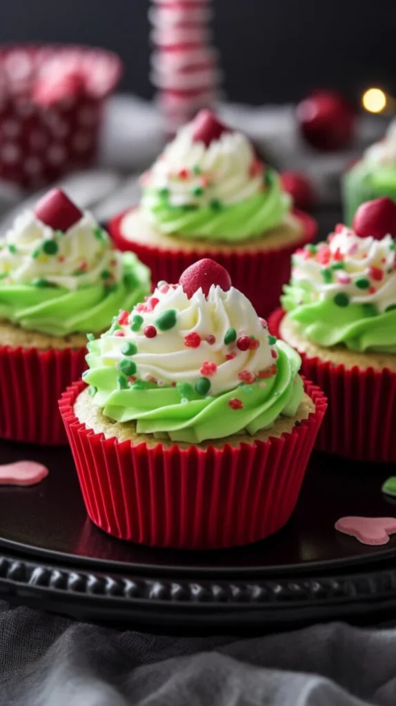 Delicious green Grinch Cheesecakes decorated for Christmas holiday
