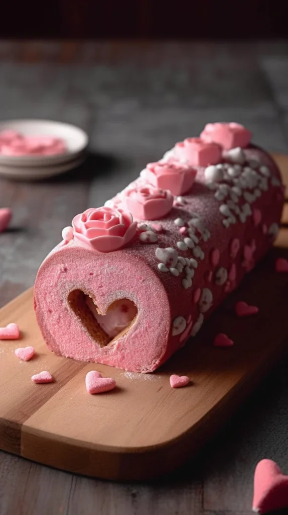Heart-shaped Swiss roll dessert, perfect for celebrations and special occasions.