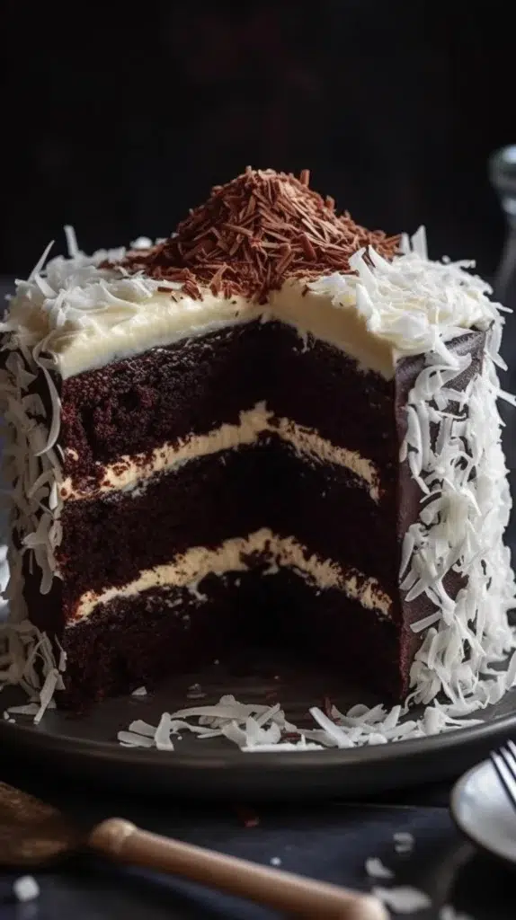 Heavenly coconut chocolate cake topped with coconut flakes and chocolate ganache