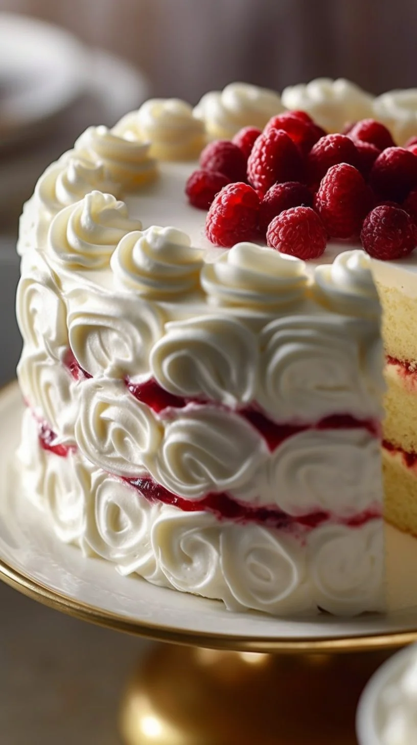 Homemade Raspberry Cream Angel Food Cake with fresh raspberries and whipped cream