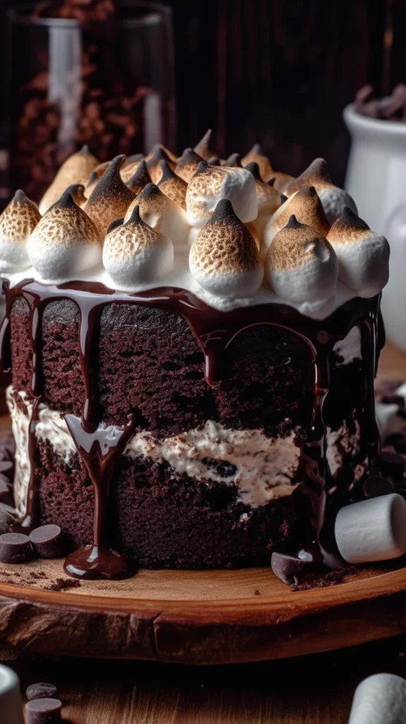 Delicious hot chocolate poke cake topped with chocolate frosting and marshmallows