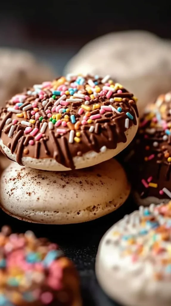 Decadent hot cocoa meringue cookies topped with chocolate and marshmallows
