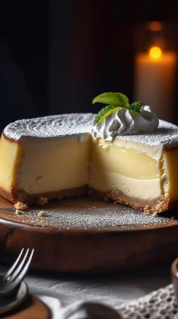 Delicious Japanese cloud cake topped with fresh fruit and whipped cream.