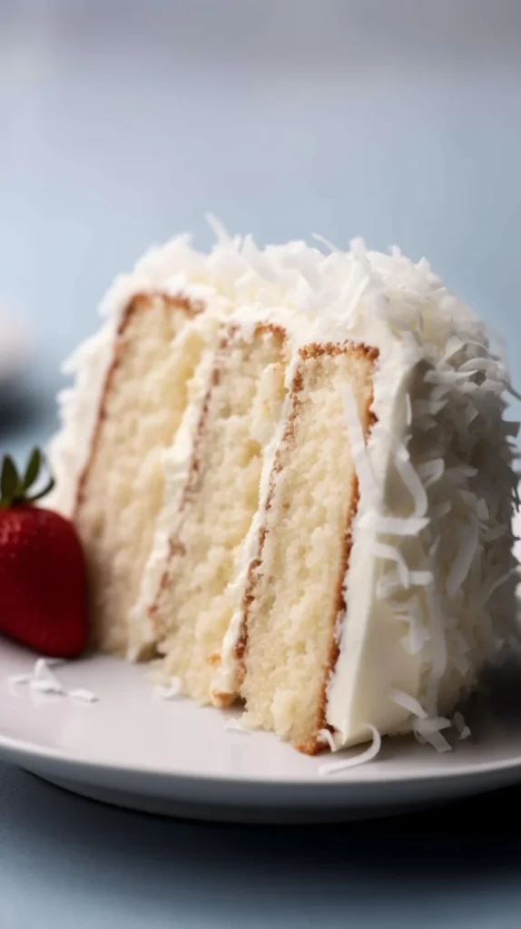 Delicious slice of Keto Coconut Cake topped with coconut flakes.