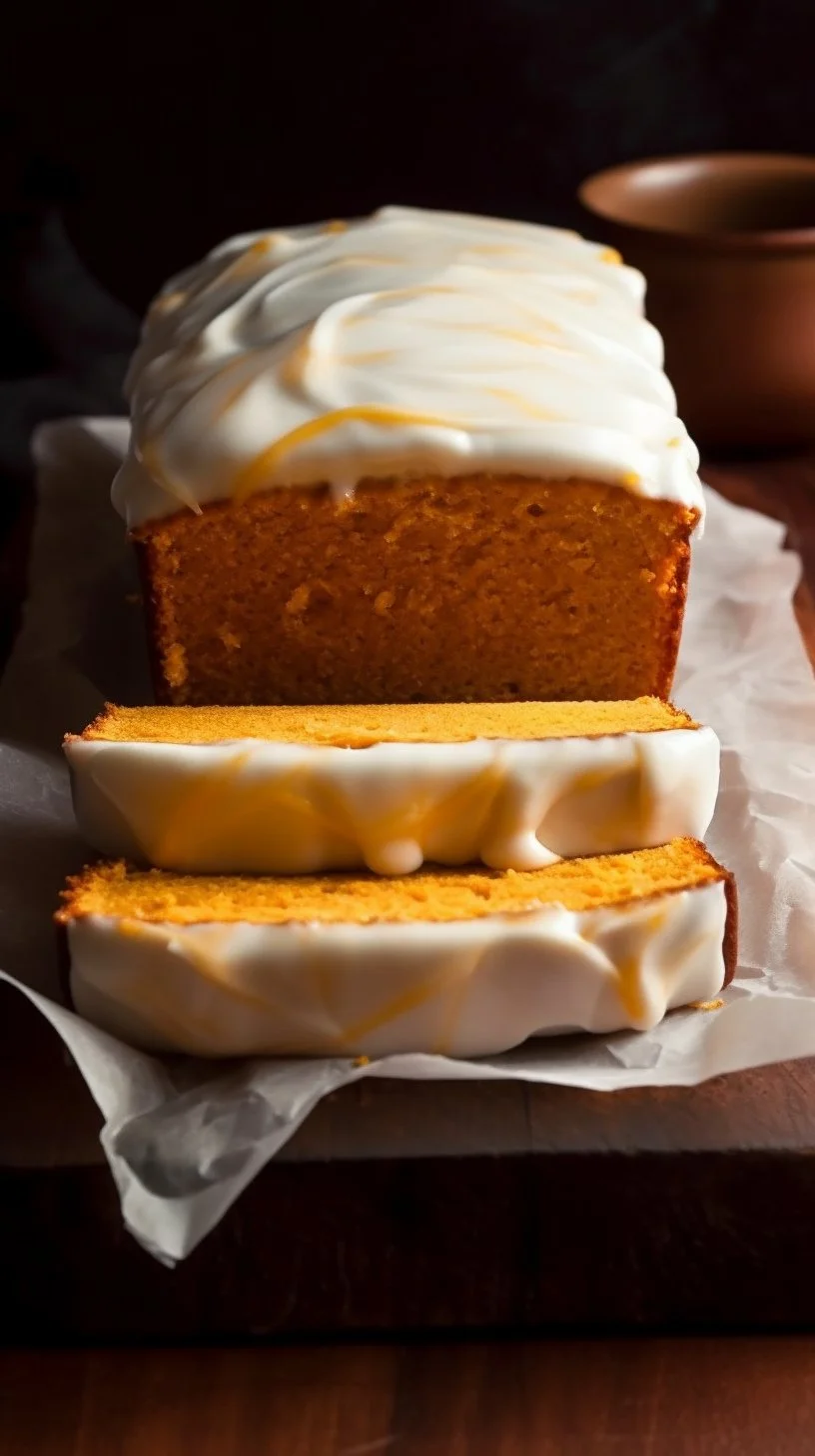 Sliced Keto Pumpkin Bread on a wooden board with pumpkin decoration