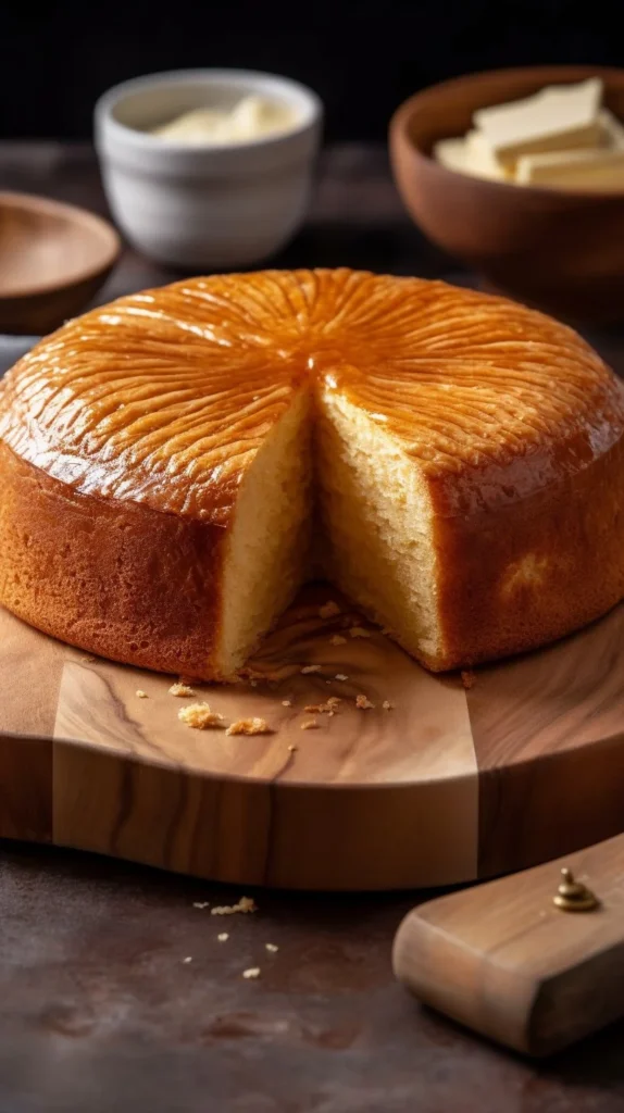 Delicious King Cake with Almond Cream decorated for Mardi Gras