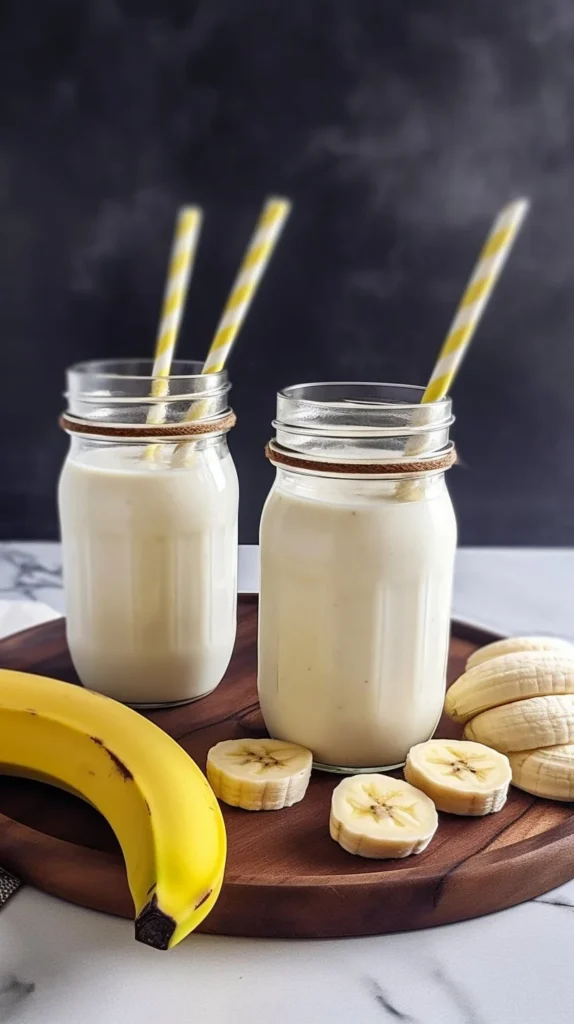 A glass of creamy Korean banana milk served with sliced bananas on top.