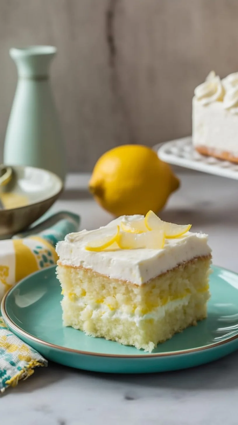 Delicious slice of Lemon Bar Magic Cake on a white plate.