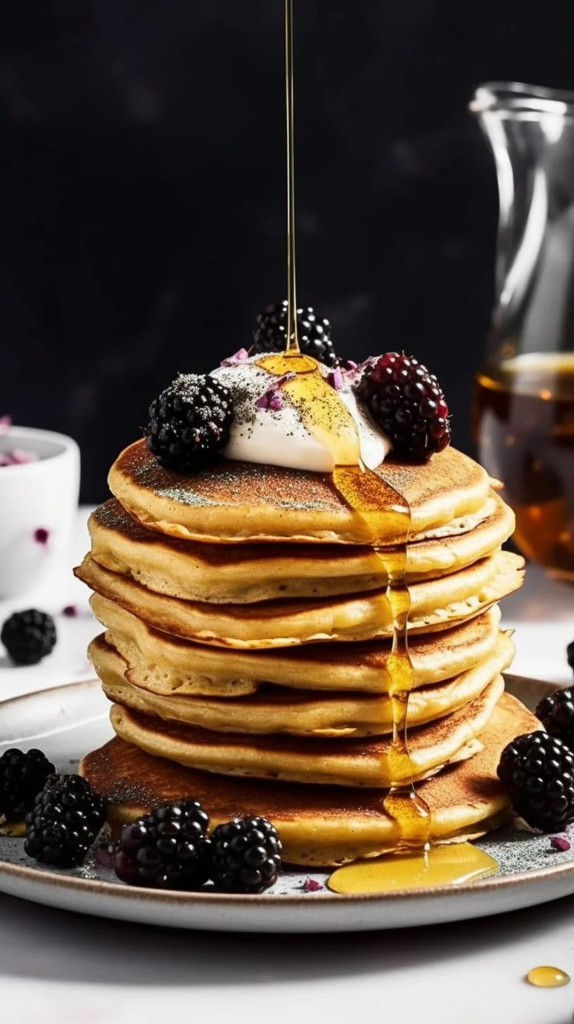 Delicious lemon pancakes topped with poppy seeds for a fresh breakfast treat.