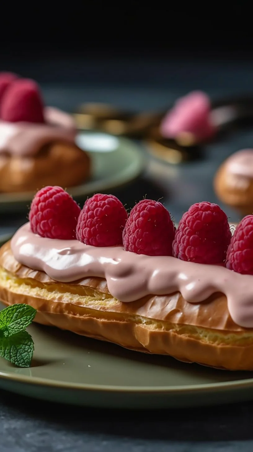 Lemon raspberry eclairs topped with fresh raspberries and lemon zest