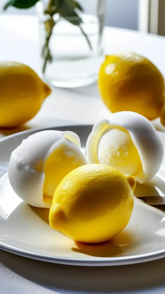 Delicious homemade lemon sorbet served in a bowl with fresh lemons.