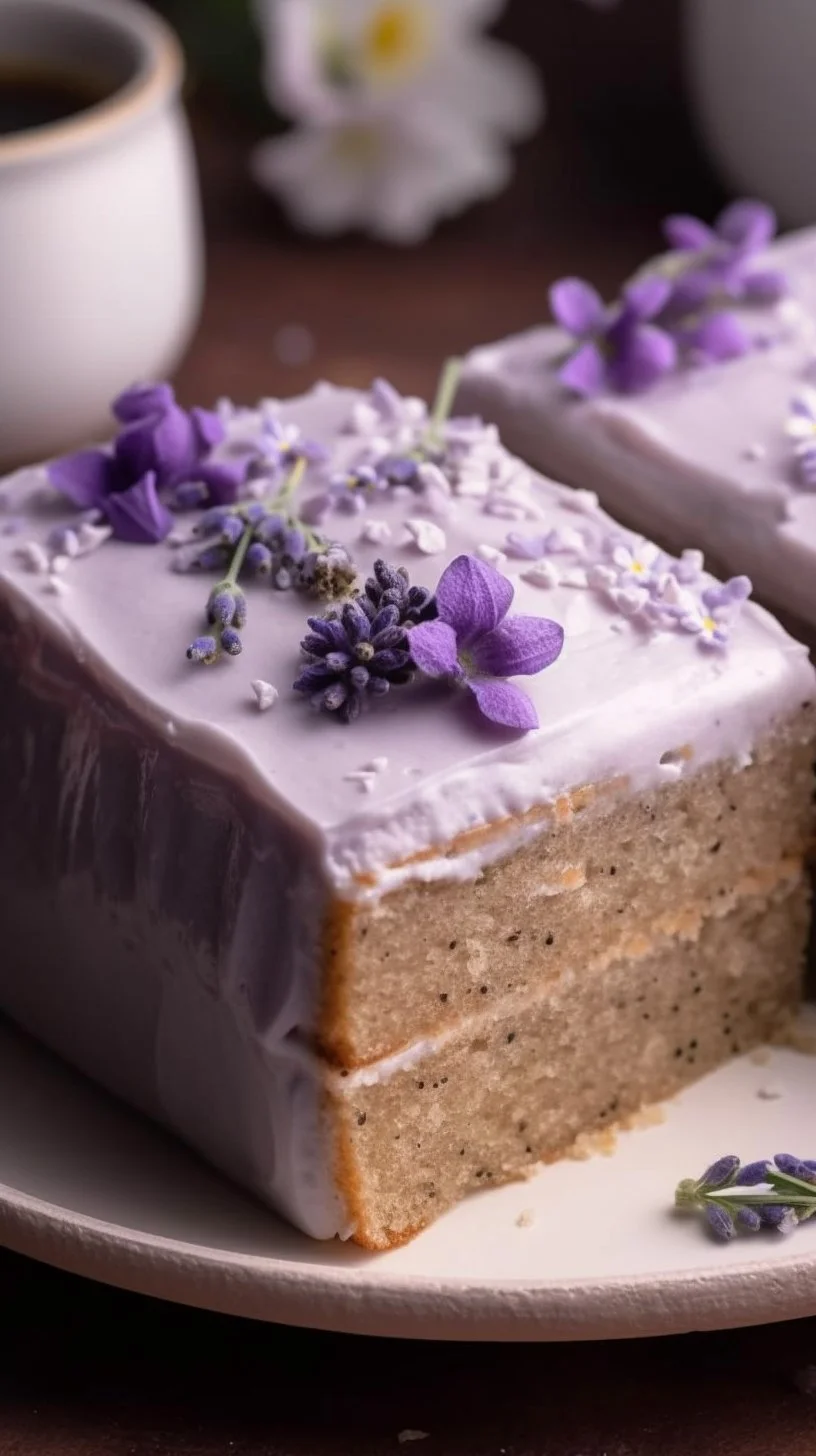 Beautifully decorated London Fog Cake with Earl Grey and lavender flavor
