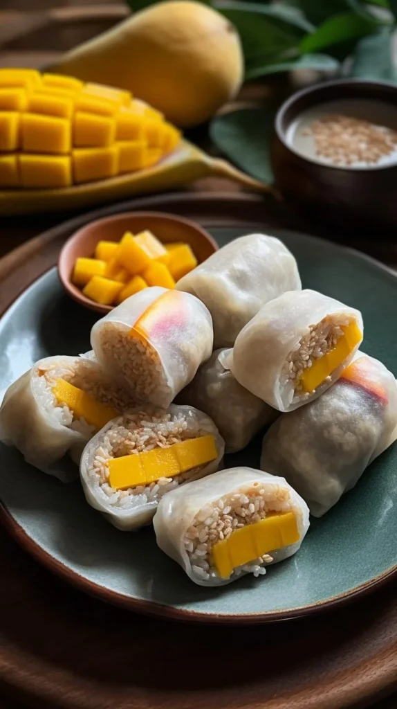 Mango Sticky Rice Spring Rolls served with sweet coconut sauce.