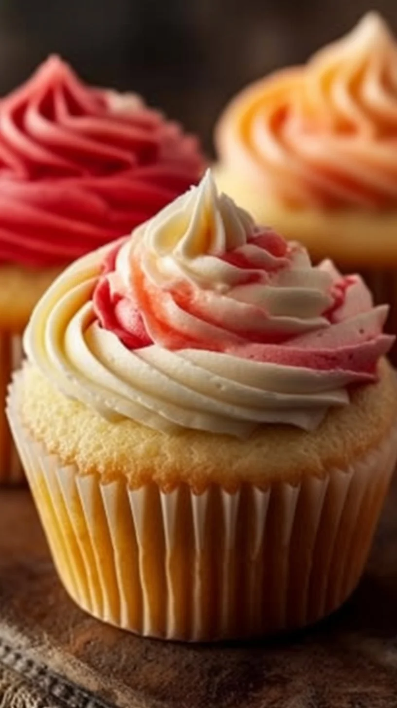 Mango Strawberry Sunset Cupcakes topped with fresh fruit and creamy frosting