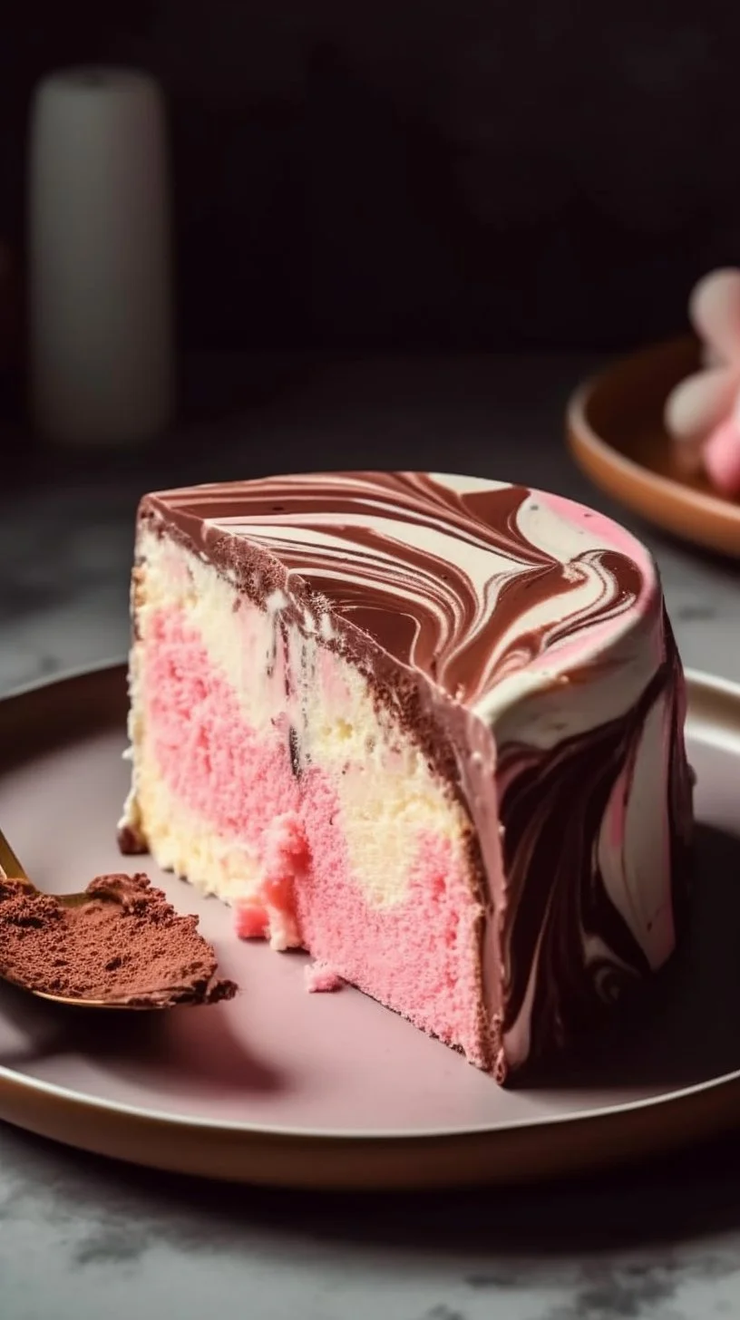 Marbled strawberry chocolate cake with pink and brown layers topped with fresh strawberries.