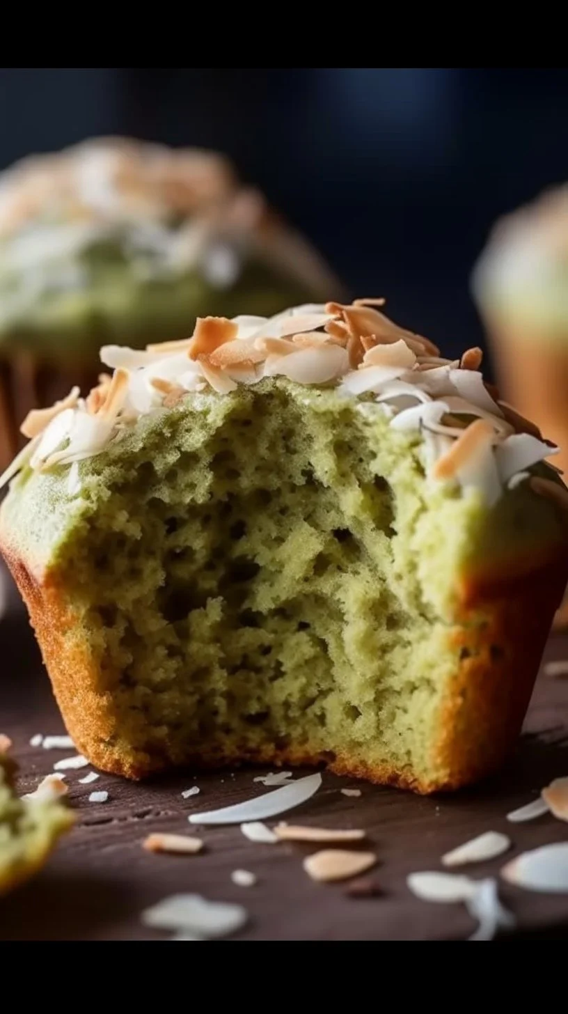 Freshly baked Matcha Banana Coconut Muffins on a wooden table.