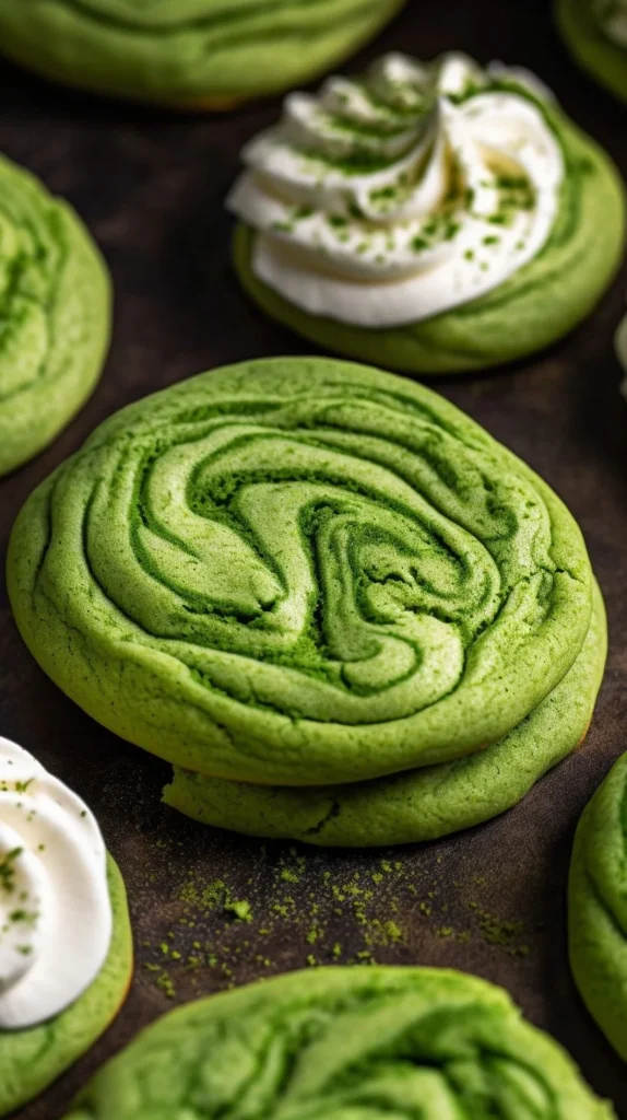 Delicious Matcha Cookies topped with creamy Mascarpone cream on a plate.