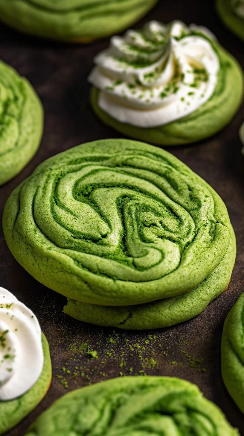 Delicious Matcha Cookies topped with creamy Mascarpone cream on a plate.
