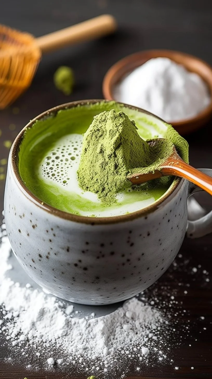 Delicious matcha latte mug cake topped with cream and matcha powder