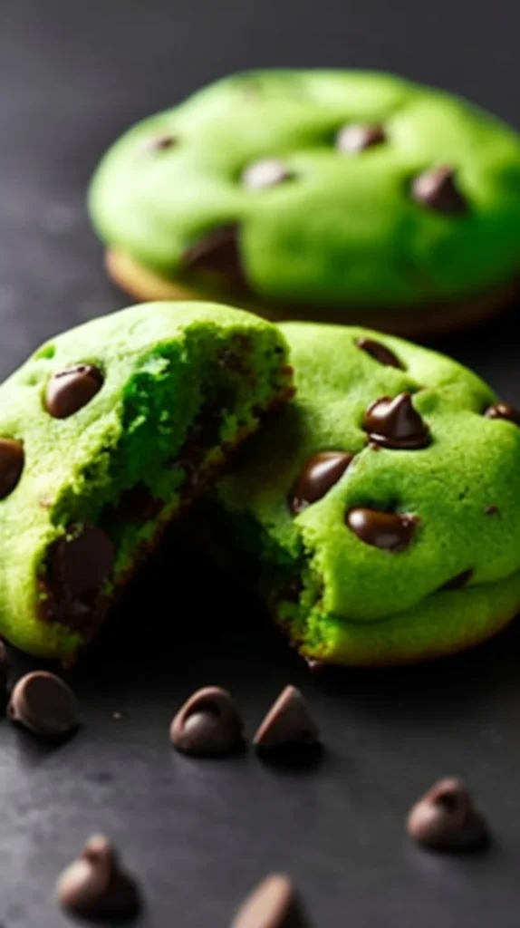 Matcha mochi cookies with chocolate chips, a chewy and flavorful dessert.