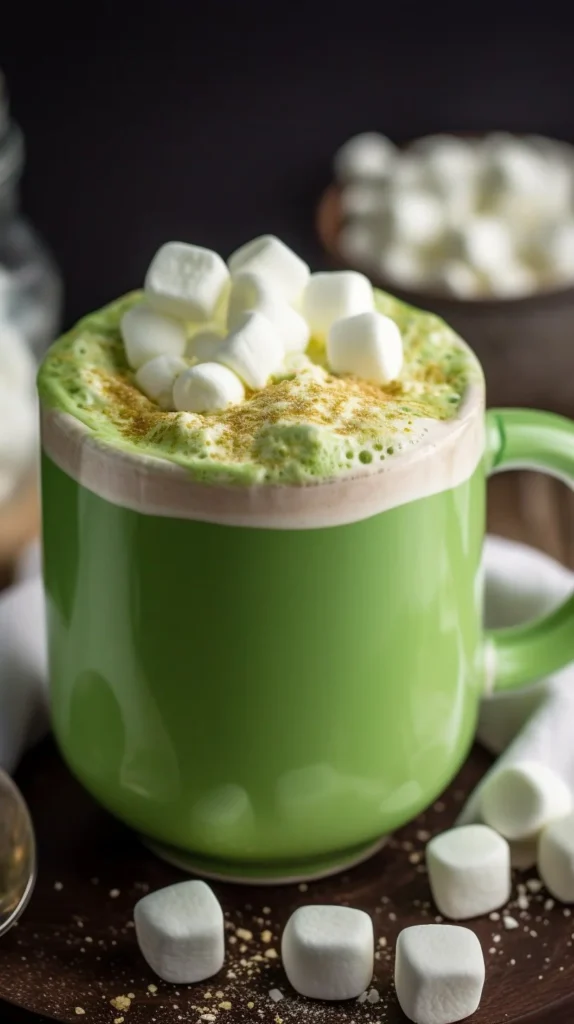A cozy cup of Matcha White Hot Chocolate topped with whipped cream.