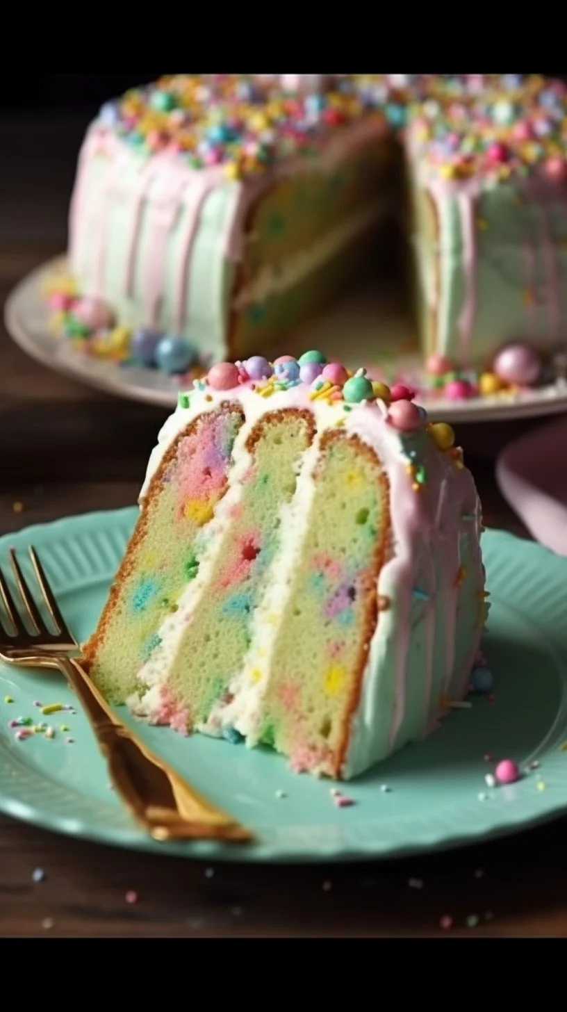 Delicious melted ice cream bundt cake with frosting and sprinkles on a plate