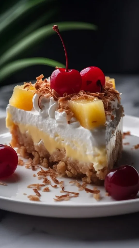 Slice of decadent Million Dollar Pie on a plate with a fork