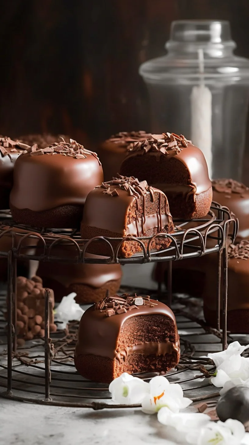 Mini chocolate cakes filled with marshmallow cream, perfect for dessert lovers.