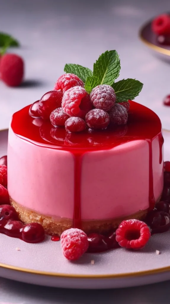 Mini Raspberry Bavarois dessert garnished with fresh raspberries and mint leaves
