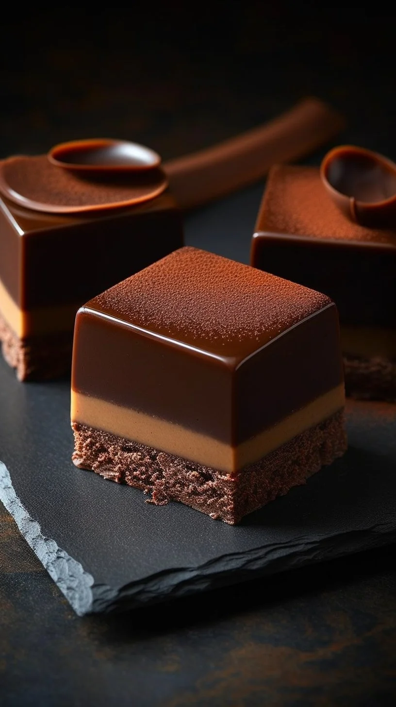 Delicious mochi brownies topped with chocolate drizzle on a rustic table.