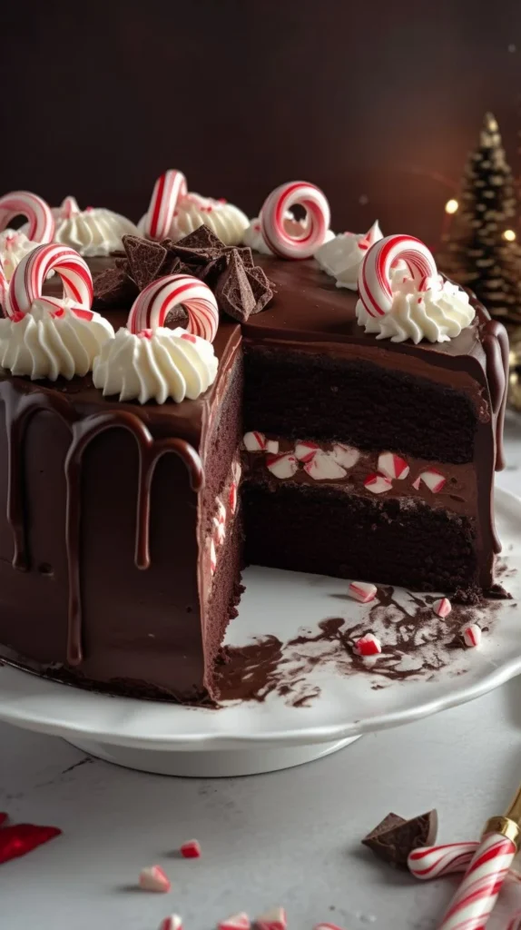Moist peppermint fudge cake topped with chocolate ganache and peppermint sprinkles.