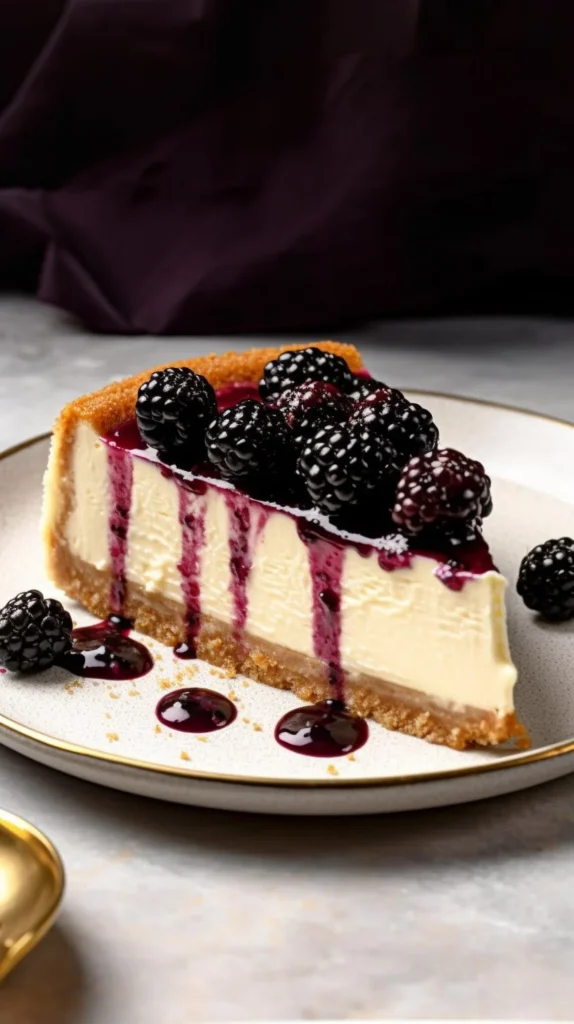 Slice of Mulberry and Earl Grey Cheesecake with fresh mulberries on top