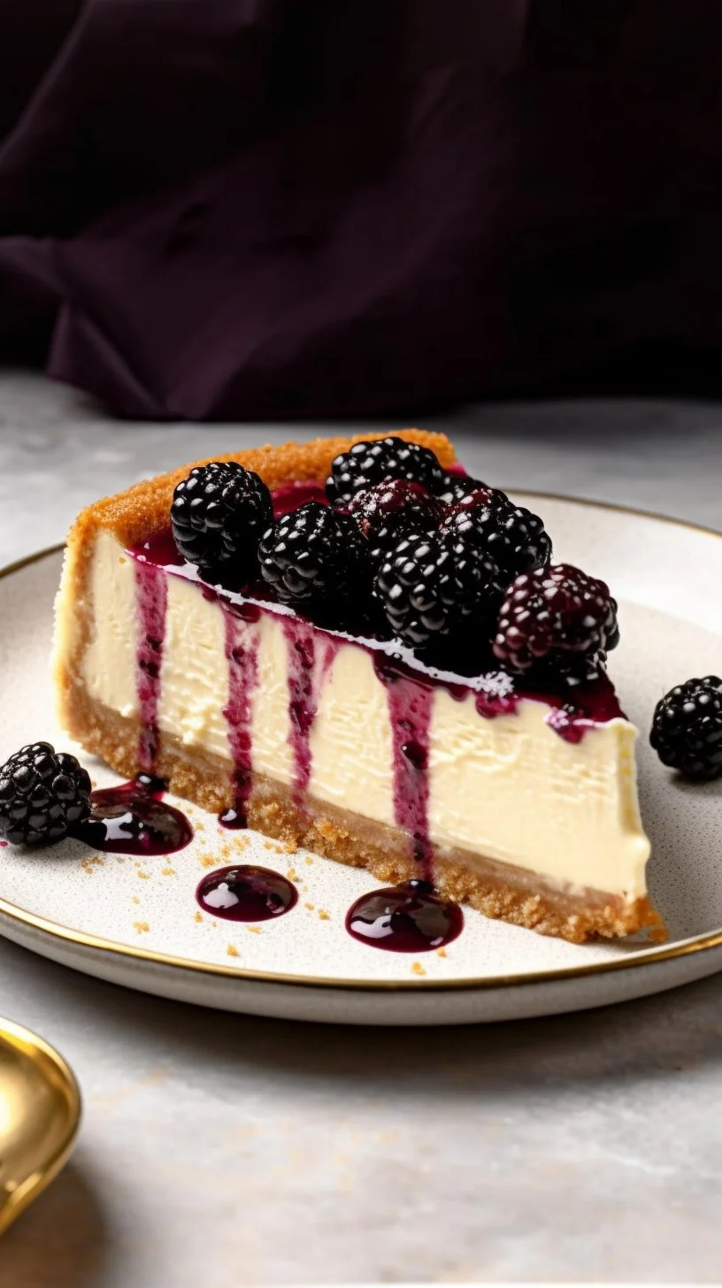 Slice of Mulberry and Earl Grey Cheesecake with fresh mulberries on top