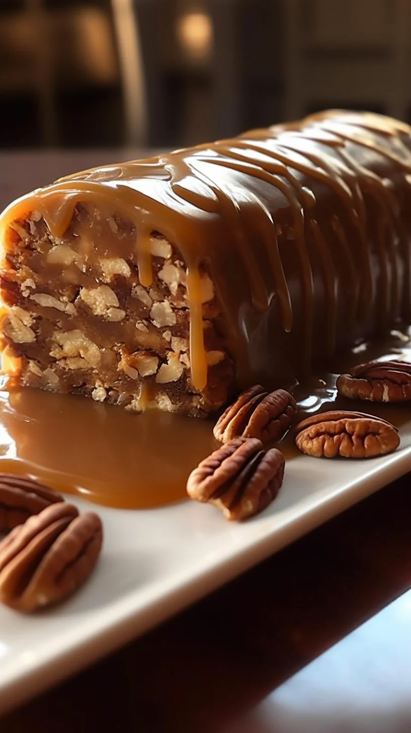 Nana's famous pecan log dessert with pecans and rich chocolate.