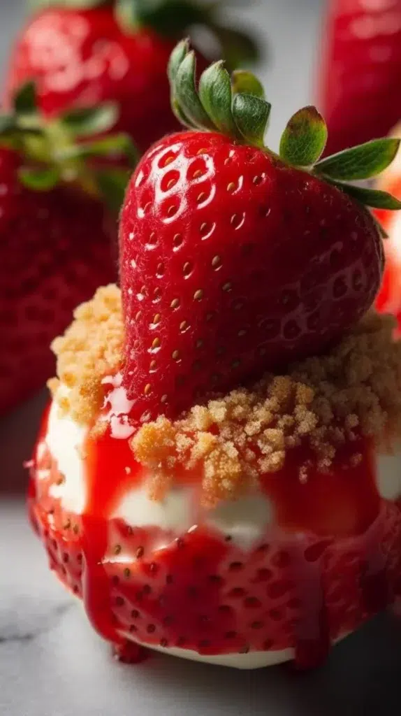 No bake cheesecake stuffed strawberries topped with whipped cream and graham cracker crumbs