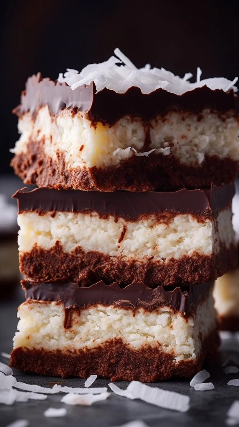 No bake chocolate coconut fudge bars on a white plate with a rustic background.