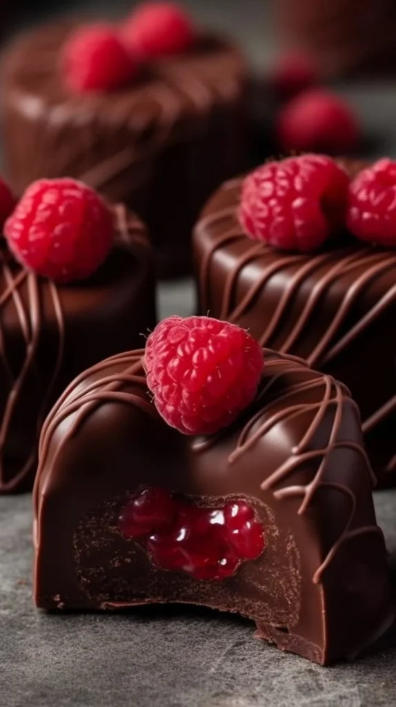 No-bake dark chocolate raspberry hearts decorated on a plate.