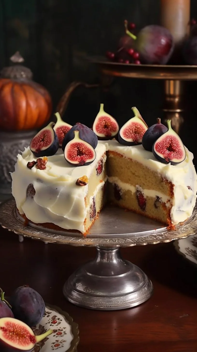 A slice of Orange Cardamom Fig Cake topped with orange slices and cardamom seeds.
