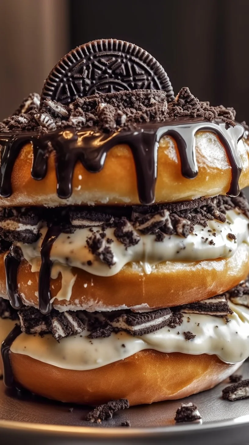 Oreo Cheesecake Donut Burger topped with crushed Oreos and cream cheese frosting.