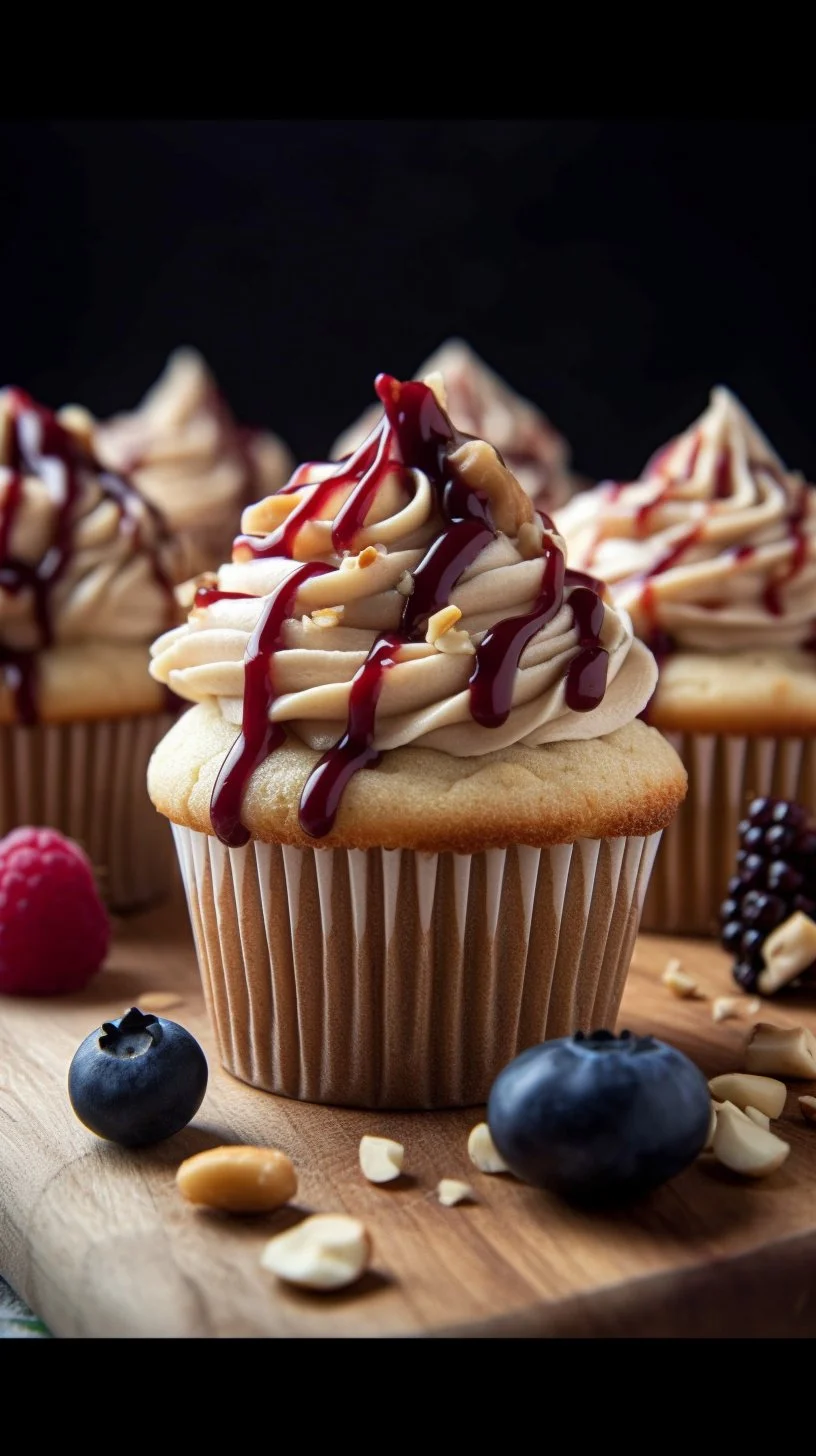 Delicious Peanut Butter and Jelly Cupcakes topped with creamy frosting