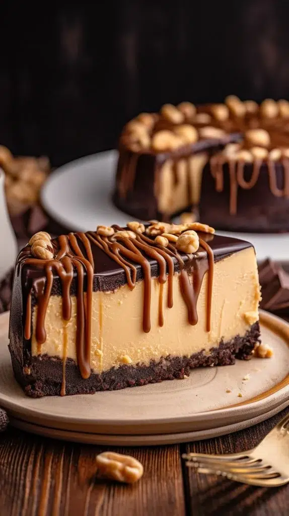 Decadent Peanut Butter Cheesecake topped with chocolate and peanuts