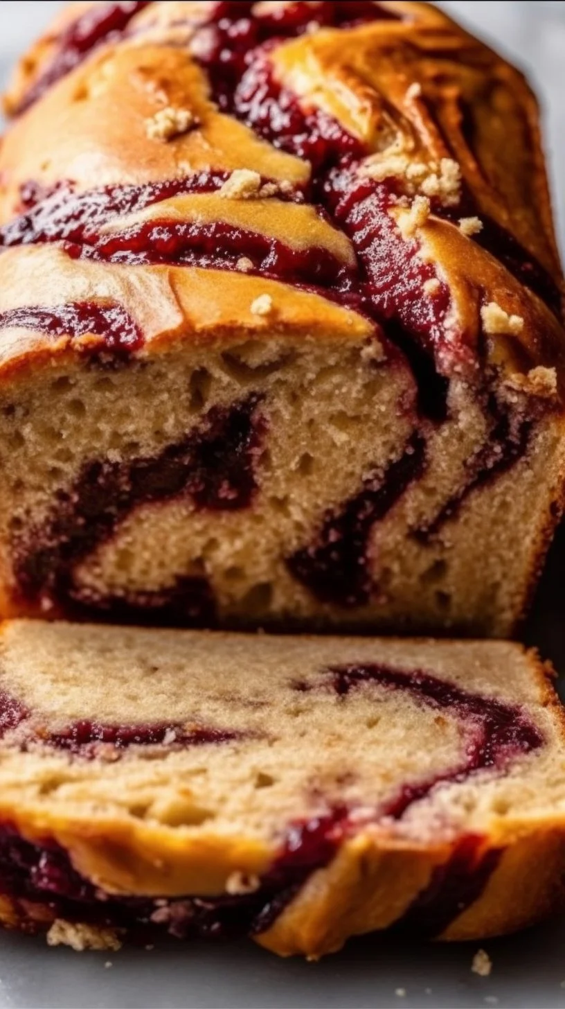 Slice of peanut butter and jelly banana bread on a wooden table