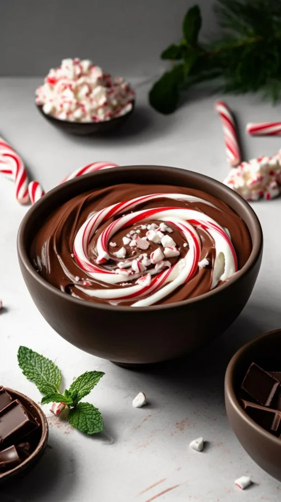Peppermint mocha smoothie bowl topped with chocolate and mint decorations