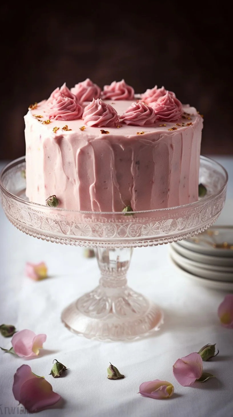 Slice of Rose Lemon Cake with floral decorations and lemon zest toppings