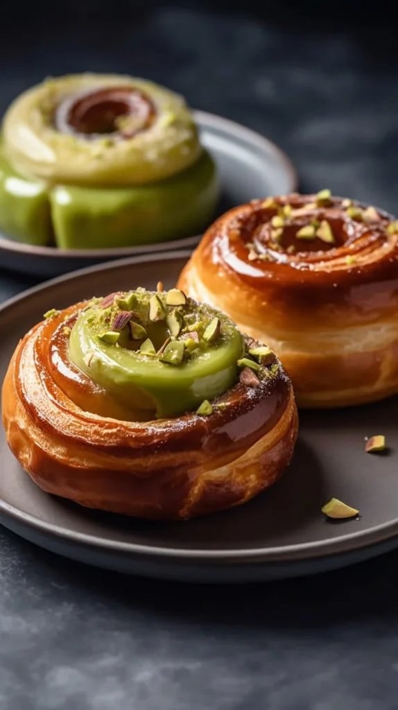 Freshly baked pistachio cinnamon rolls with a nutty glaze