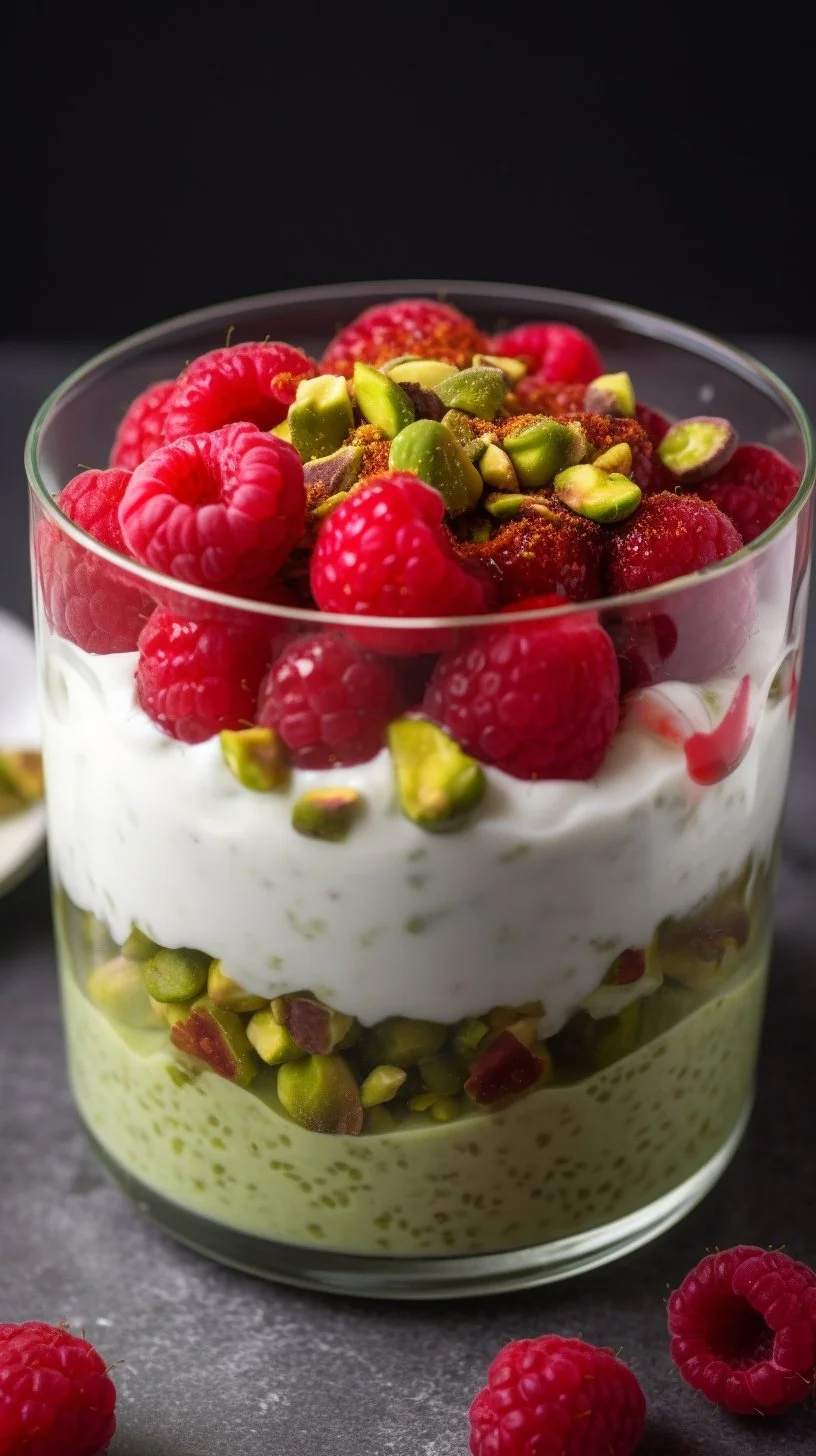 Bowl of pistachio overnight oats topped with fresh fruits and nuts.