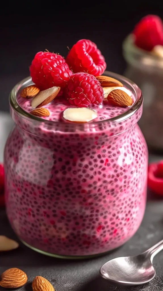 Delicious Raspberry Chia Pudding topped with fresh raspberries and chia seeds.