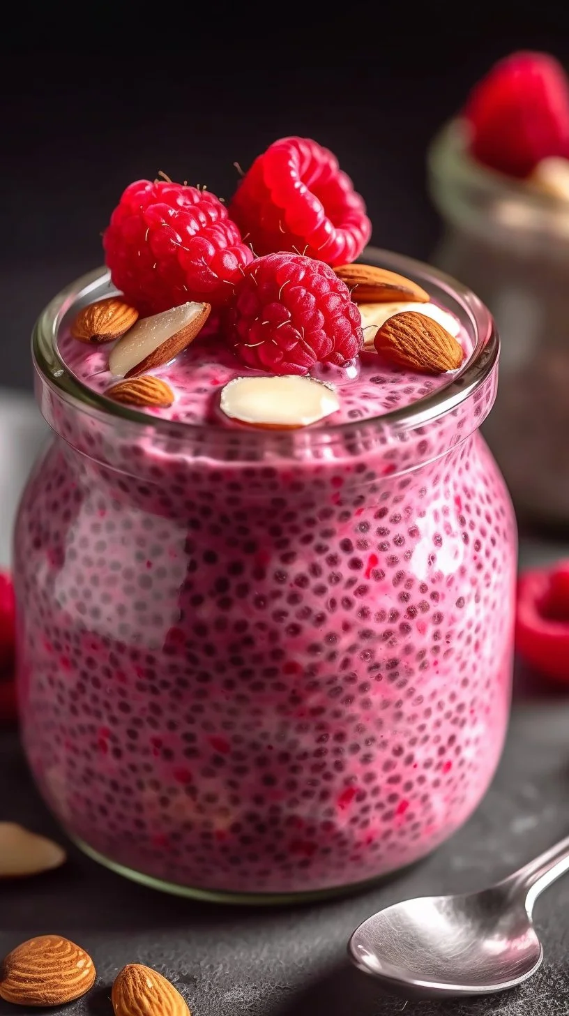 Delicious Raspberry Chia Pudding topped with fresh raspberries and chia seeds.