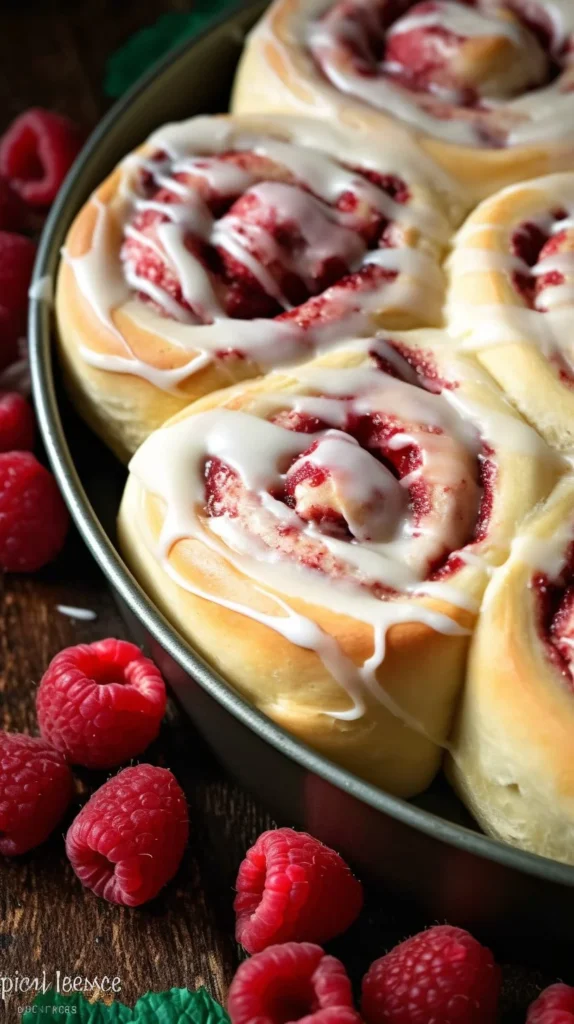 Fresh raspberry cream cheese rolls topped with icing on a white plate
